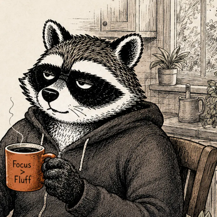 Hank, the raccoon project manager, holding his Focus over Fluff mug