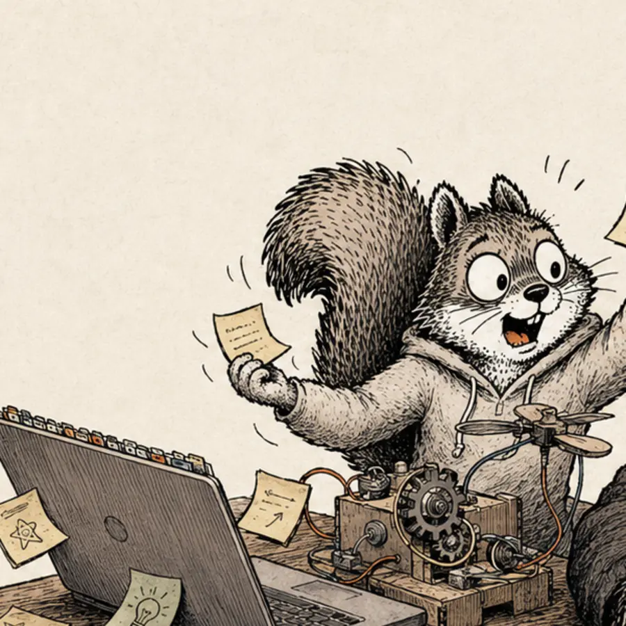The squirrel, the project manager of distractions, holding two new ideas